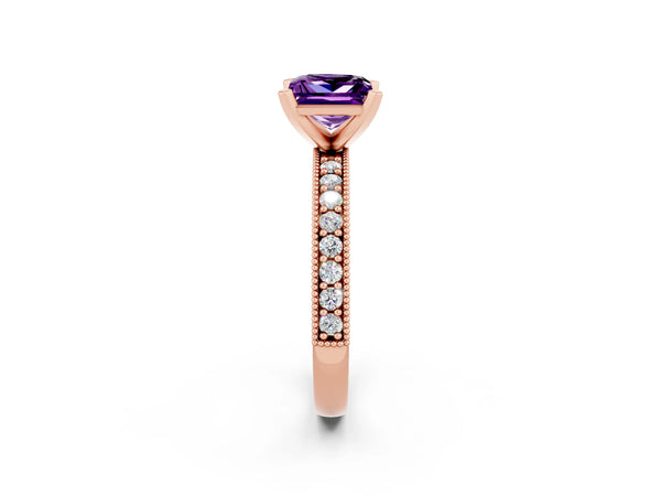 Rose gold Princess Cut Amethyst Milgrain Pavé Engagement Ring with Four-Prong Setting