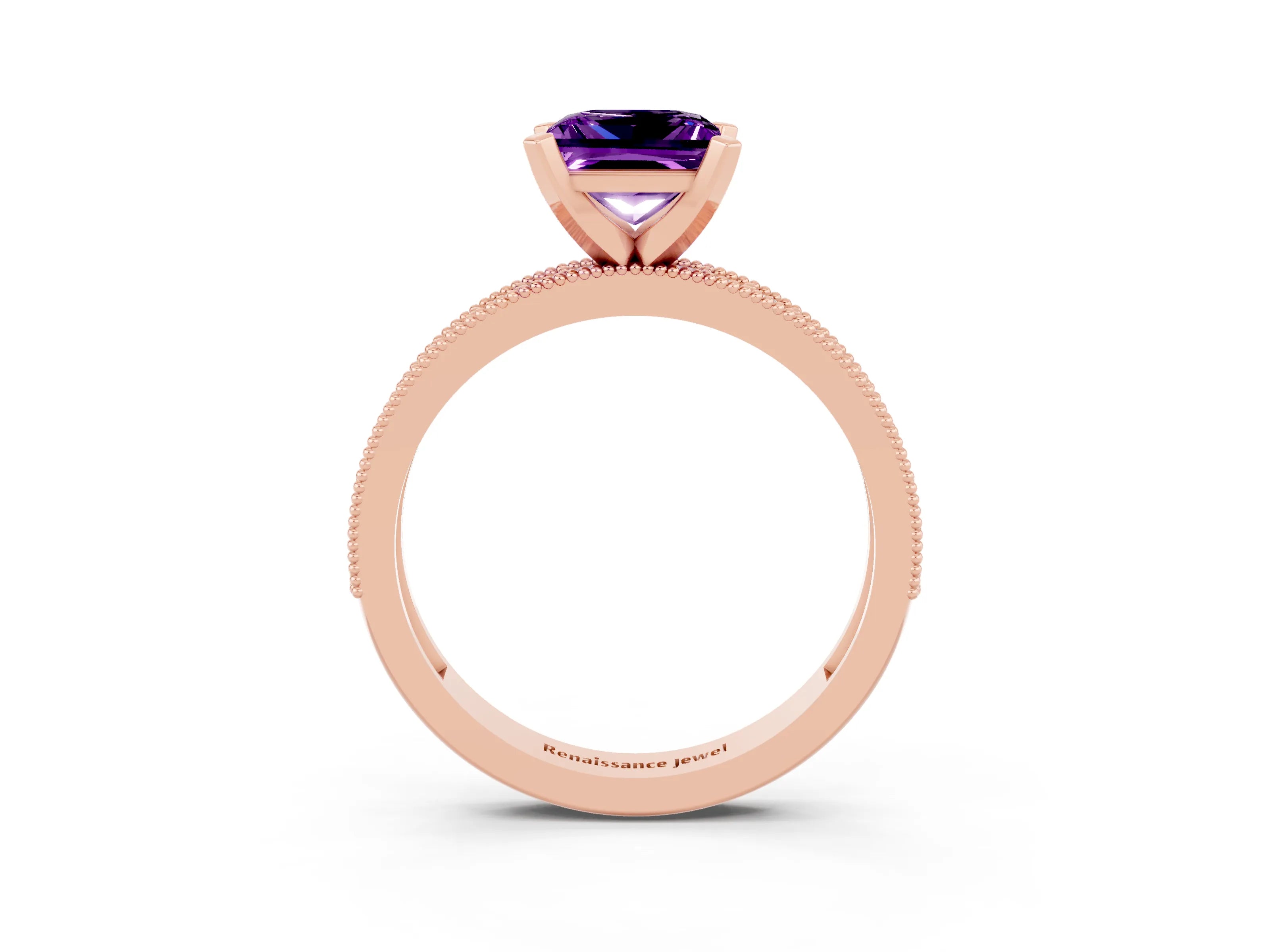 Rose gold Princess Cut Amethyst Milgrain Pavé Engagement Ring with Four-Prong Setting_15