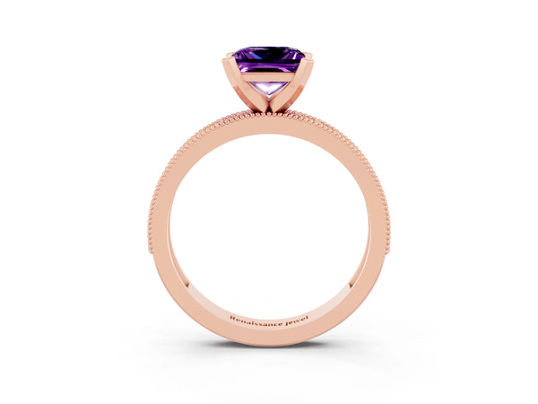 Rose gold Princess Cut Amethyst Milgrain Pavé Engagement Ring with Four-Prong Setting