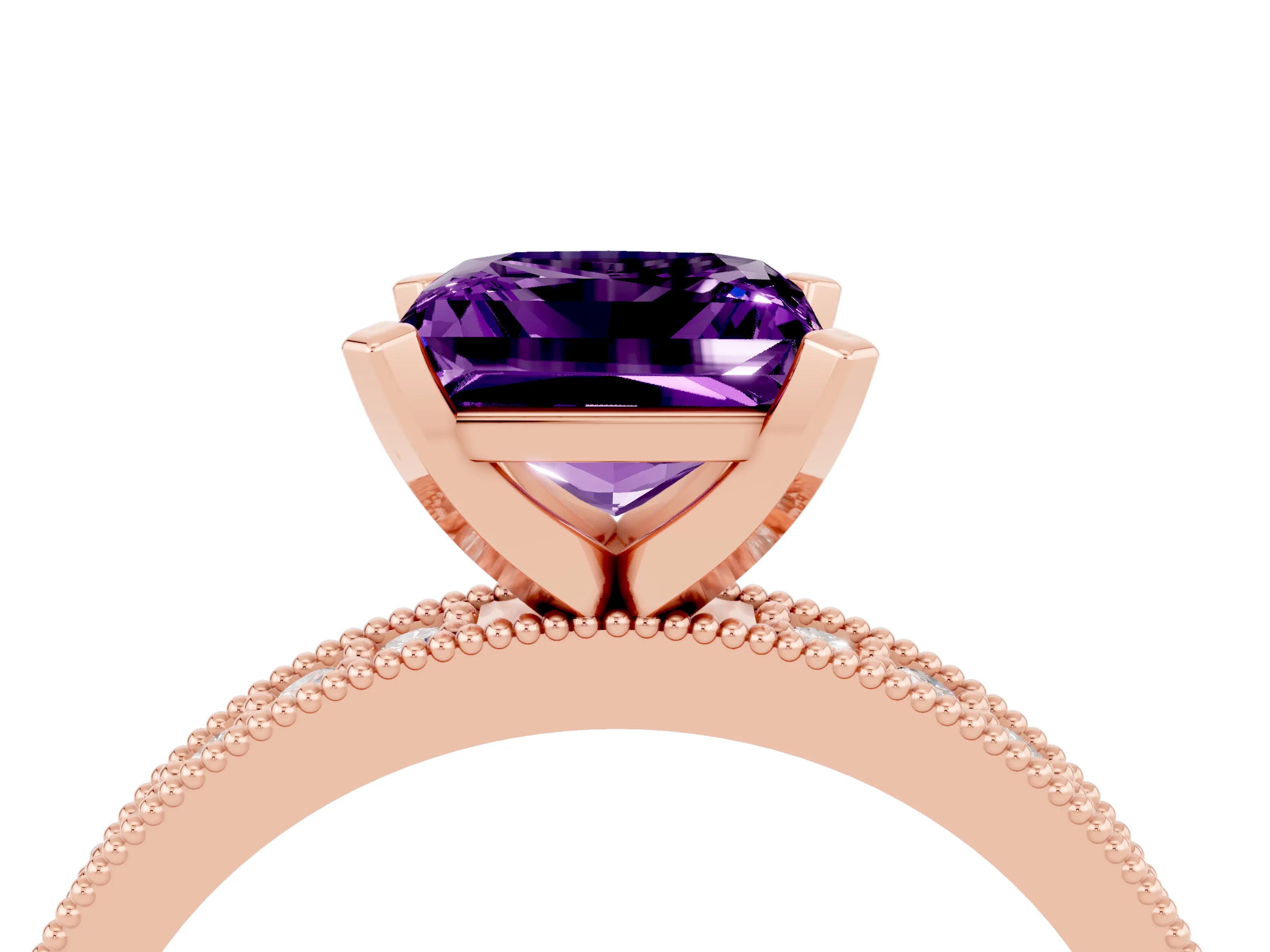 Rose gold Princess Cut Amethyst Milgrain Pavé Engagement Ring with Four-Prong Setting_16