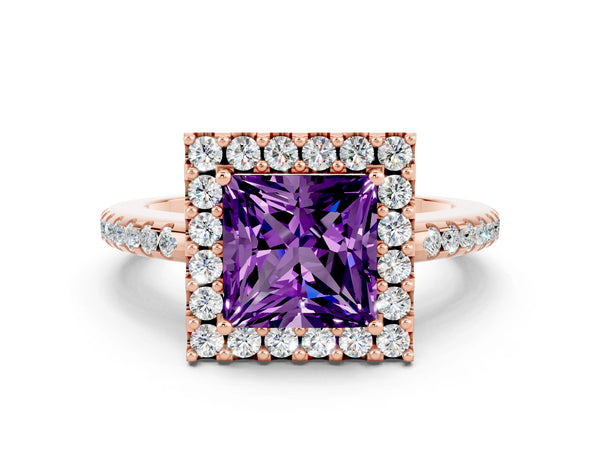 Rose gold Princess Cut Amethyst Pavé Halo Ring with Four-Prong Setting