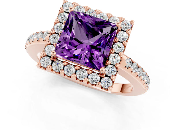 Rose gold Princess Cut Amethyst Pavé Halo Ring with Four-Prong Setting