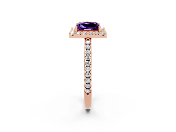 Rose gold Princess Cut Amethyst Pavé Halo Ring with Four-Prong Setting
