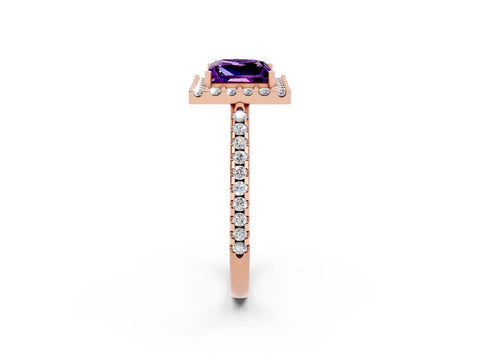 Rose gold Princess Cut Amethyst Pavé Halo Ring with Four-Prong Setting_14