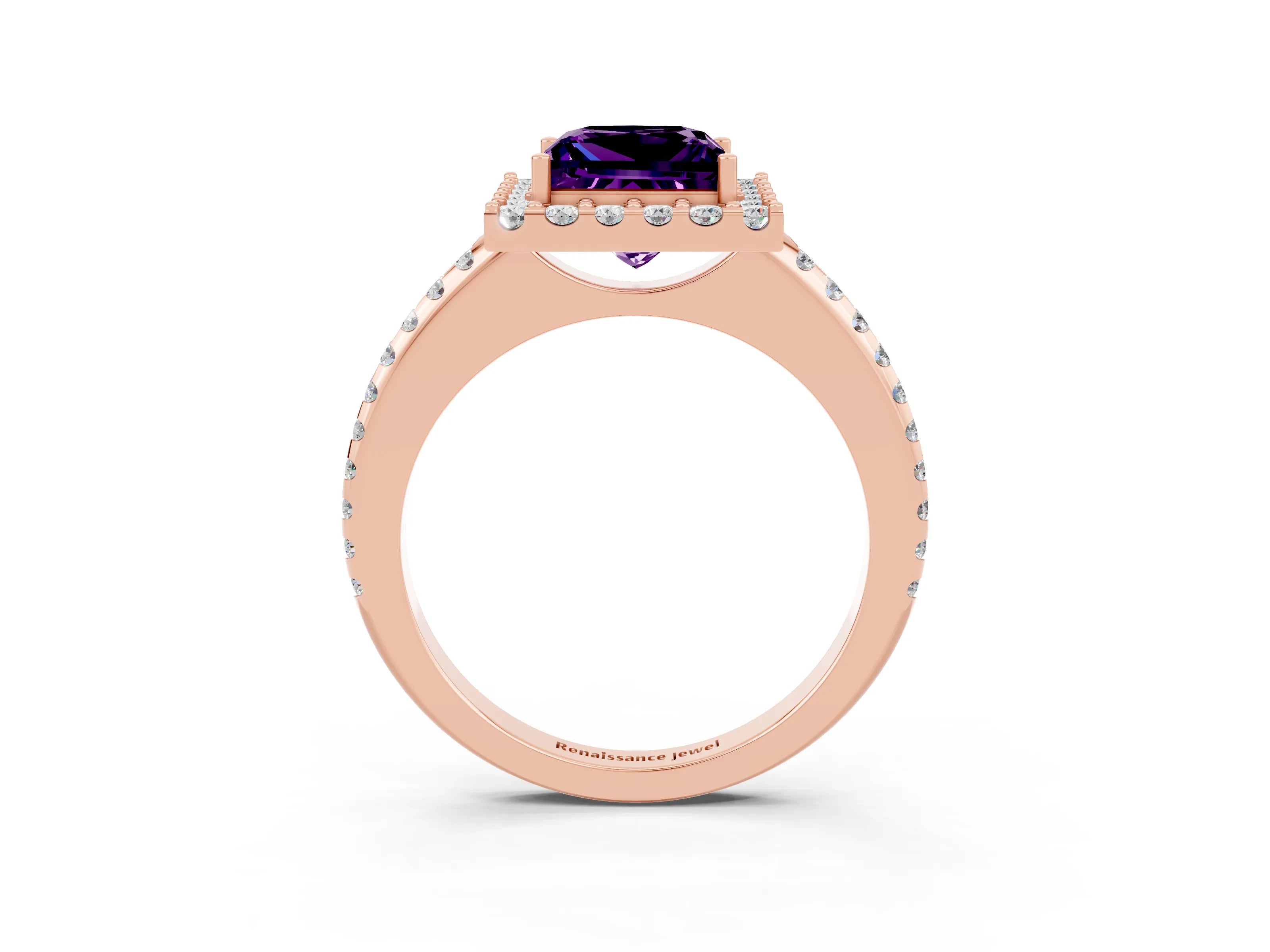 Rose gold Princess Cut Amethyst Pavé Halo Ring with Four-Prong Setting_15