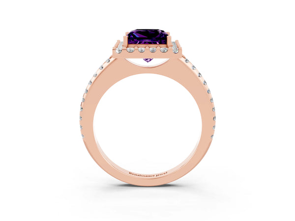 Rose gold Princess Cut Amethyst Pavé Halo Ring with Four-Prong Setting