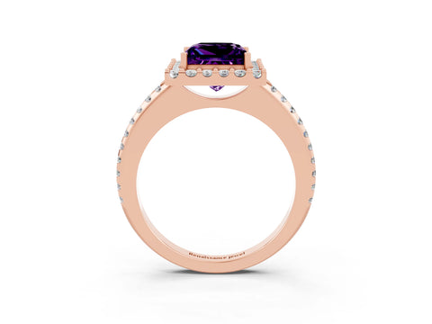 Rose gold Princess Cut Amethyst Pavé Halo Ring with Four-Prong Setting_15