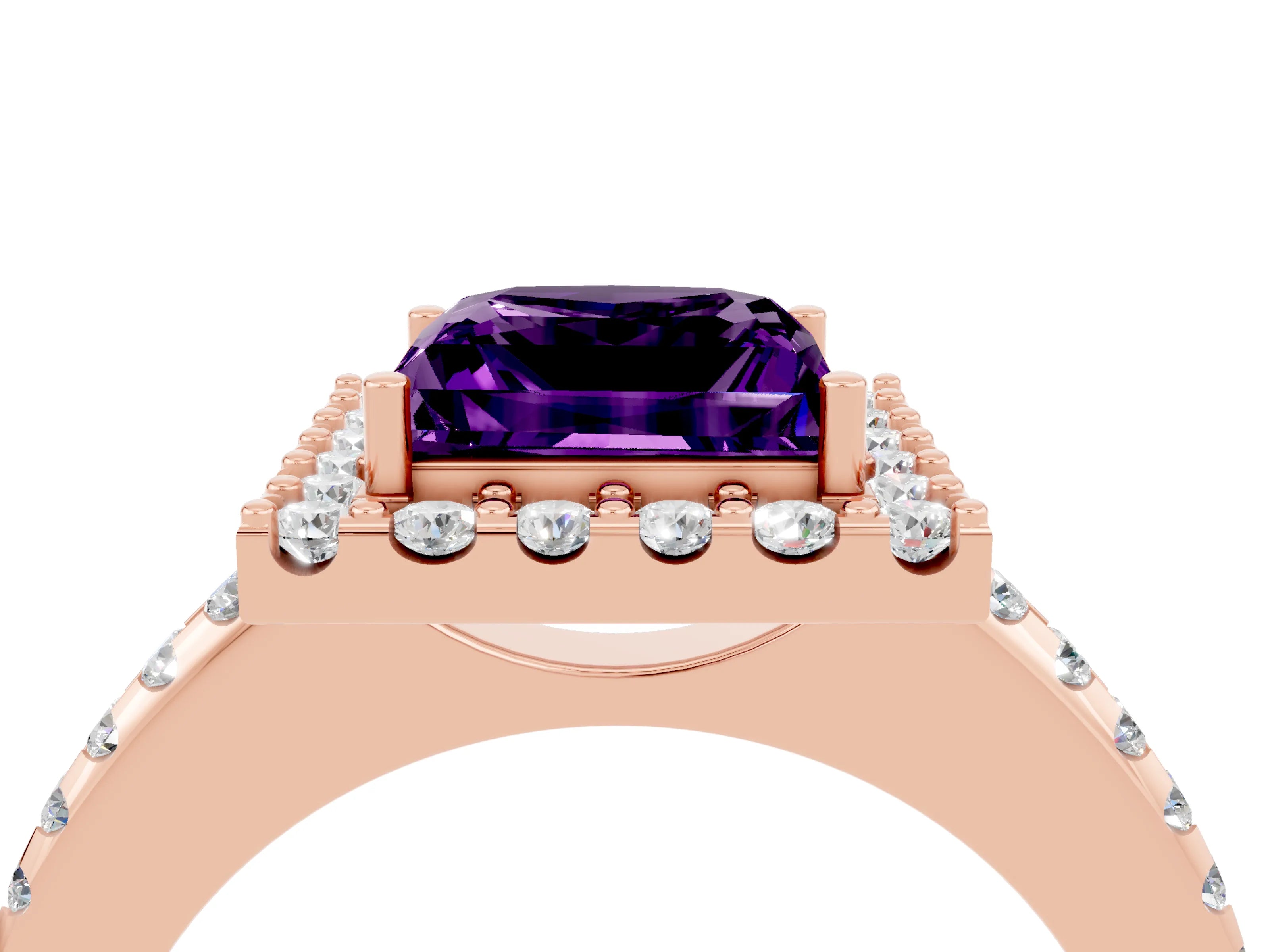 Rose gold Princess Cut Amethyst Pavé Halo Ring with Four-Prong Setting_16