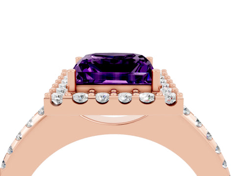 Rose gold Princess Cut Amethyst Pavé Halo Ring with Four-Prong Setting_16