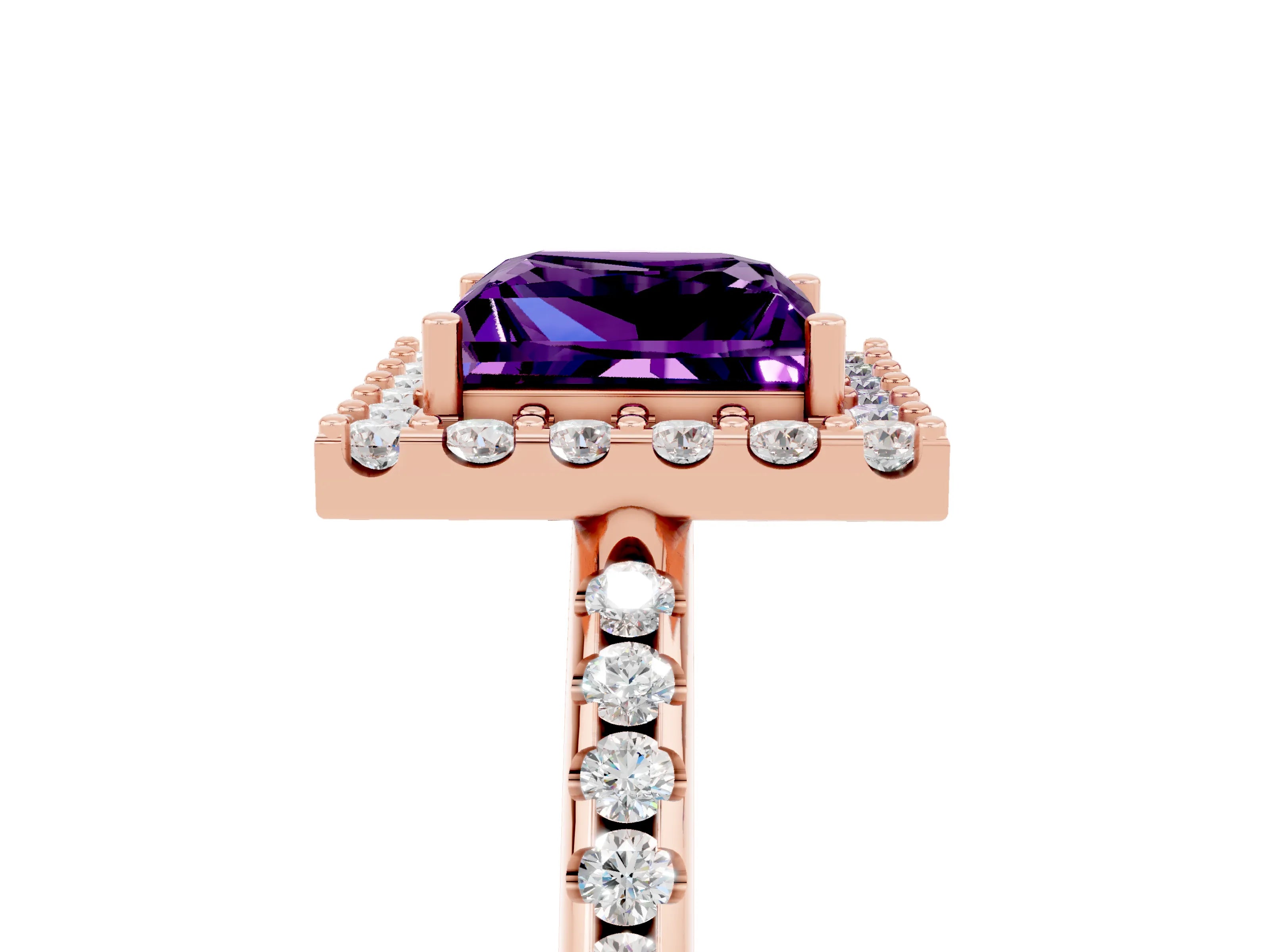 Rose gold Princess Cut Amethyst Pavé Halo Ring with Four-Prong Setting_17