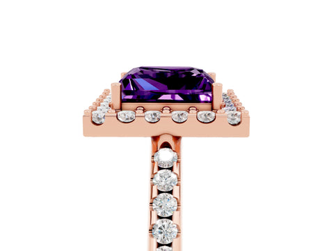 Rose gold Princess Cut Amethyst Pavé Halo Ring with Four-Prong Setting_17