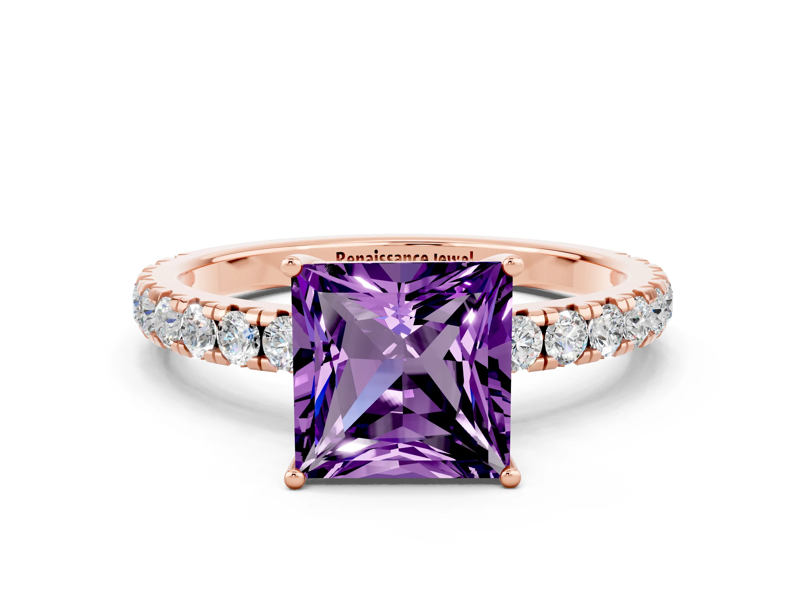 Rose gold Princess Cut Amethyst Pavé Solitaire Engagement Ring with Four-Prong Setting_12