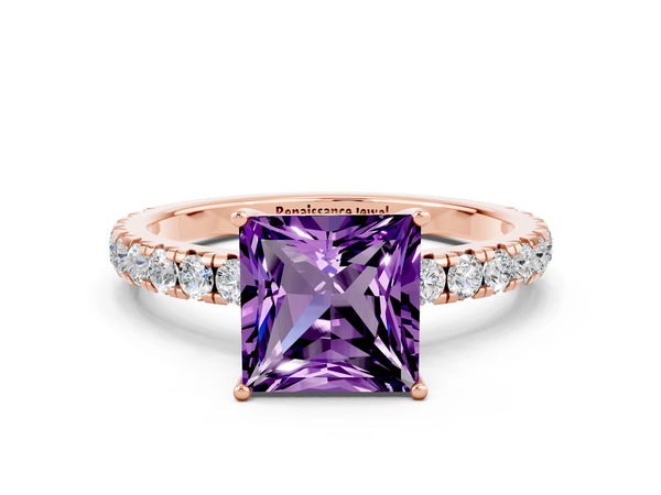 Rose gold Princess Cut Amethyst Pavé Solitaire Engagement Ring with Four-Prong Setting