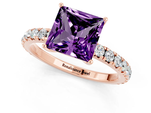 Rose gold Princess Cut Amethyst Pavé Solitaire Engagement Ring with Four-Prong Setting