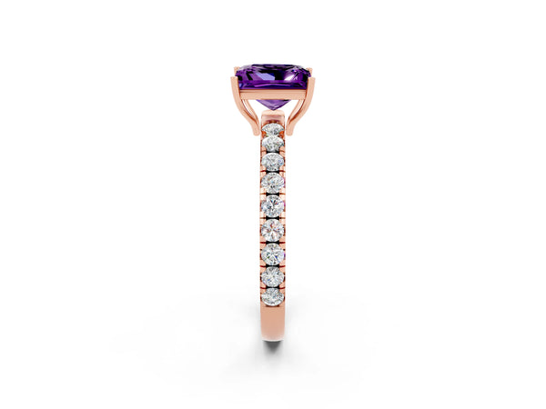 Rose gold Princess Cut Amethyst Pavé Solitaire Engagement Ring with Four-Prong Setting