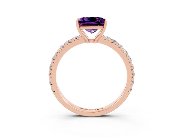 Rose gold Princess Cut Amethyst Pavé Solitaire Engagement Ring with Four-Prong Setting