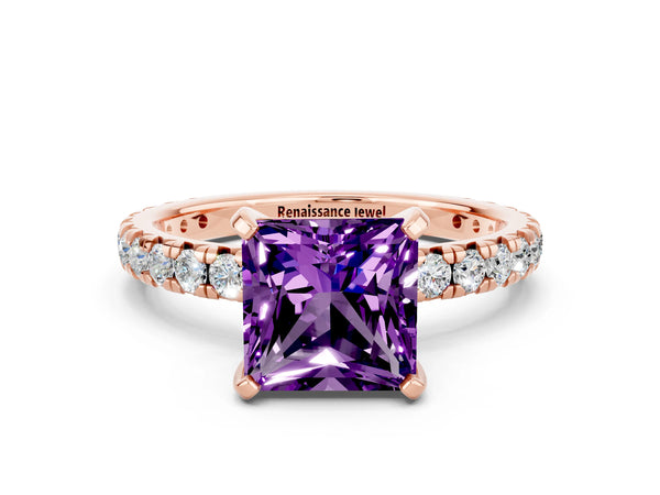 Rose gold Princess Cut Amethyst Pavé Solitaire Ring with Round Band and Prong Setting