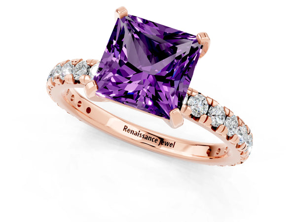 Rose gold Princess Cut Amethyst Pavé Solitaire Ring with Round Band and Prong Setting