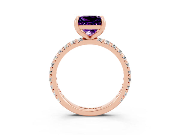 Rose gold Princess Cut Amethyst Pavé Solitaire Ring with Round Band and Prong Setting