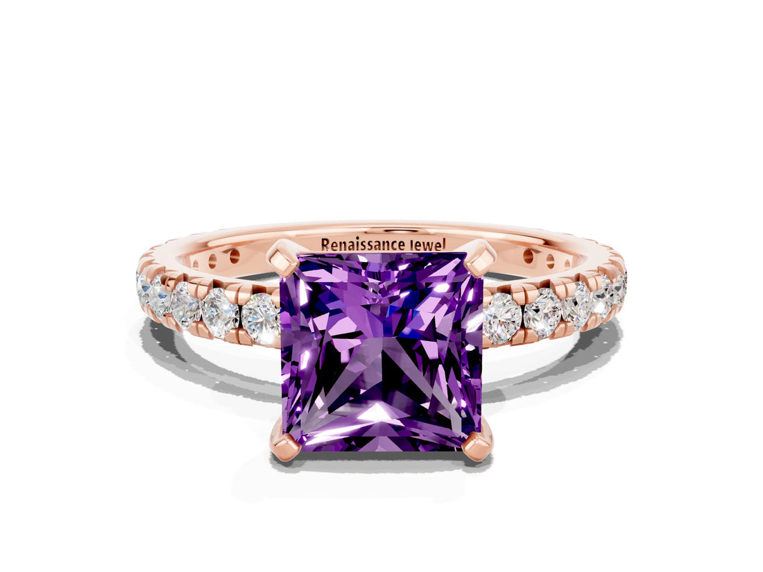 Rose gold Princess Cut Amethyst Pavé Solitaire Ring with Round Band and Prong Setting_24
