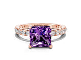 Rose gold Princess Cut Amethyst Pavé Solitaire Ring with Round Band and Prong Setting_24