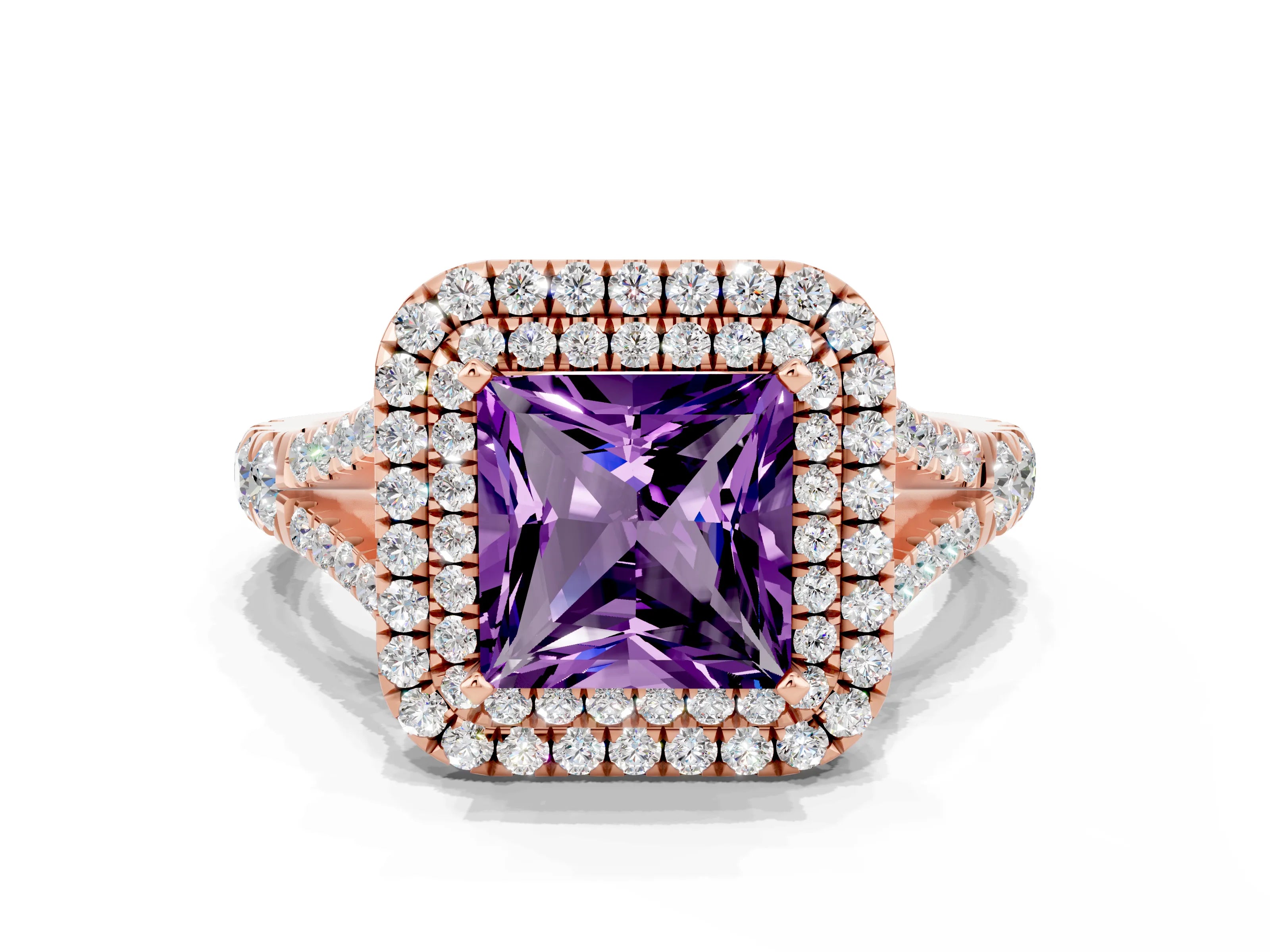 Rose gold Princess Cut Amethyst Pavé Split Shank Double Halo Engagement Ring