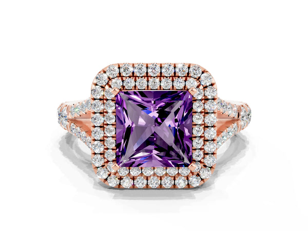 Rose gold Princess Cut Amethyst Pavé Split Shank Double Halo Engagement Ring