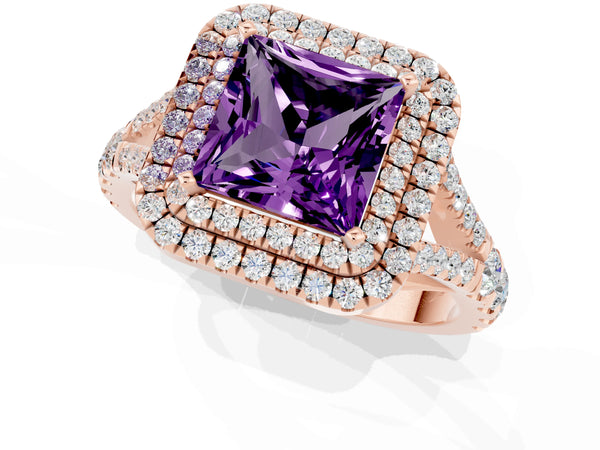 Rose gold Princess Cut Amethyst Pavé Split Shank Double Halo Engagement Ring