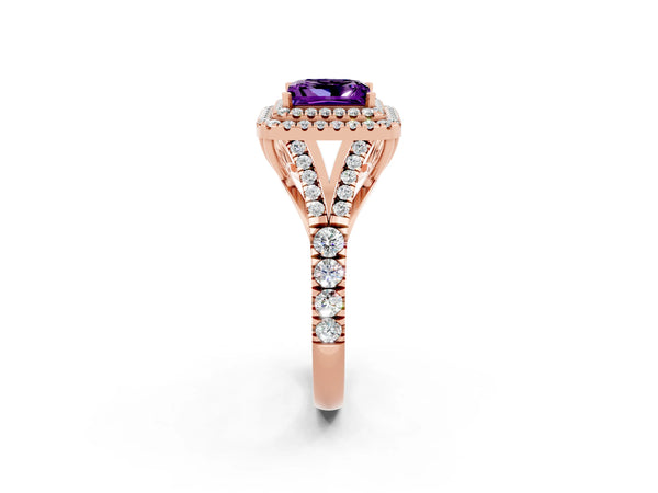 Rose gold Princess Cut Amethyst Pavé Split Shank Double Halo Engagement Ring