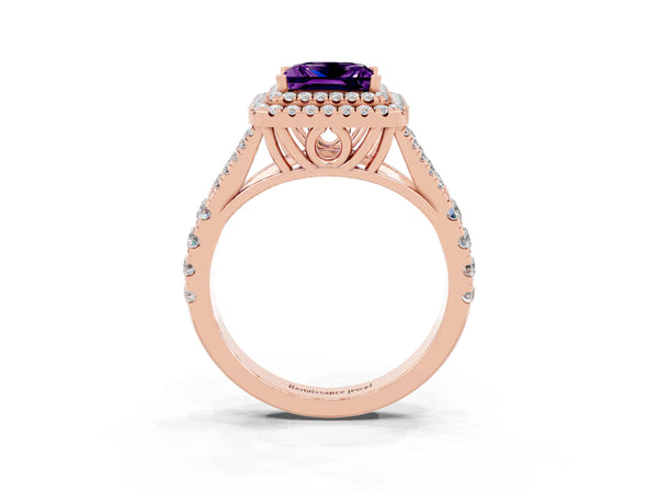 Rose gold Princess Cut Amethyst Pavé Split Shank Double Halo Engagement Ring