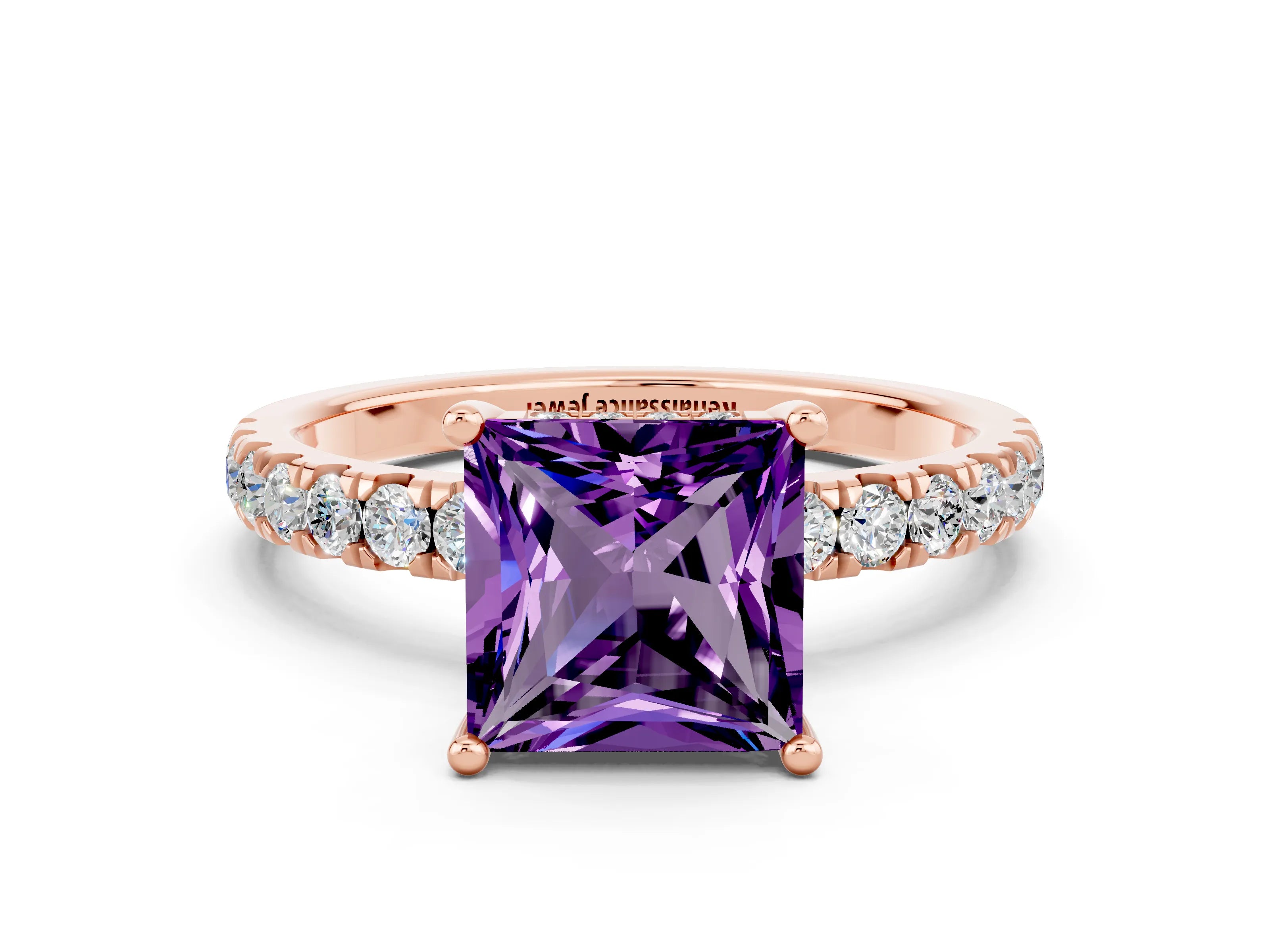 Rose gold Princess Cut Amethyst Pave Band Solitaire Ring with Four-Prong Setting_24