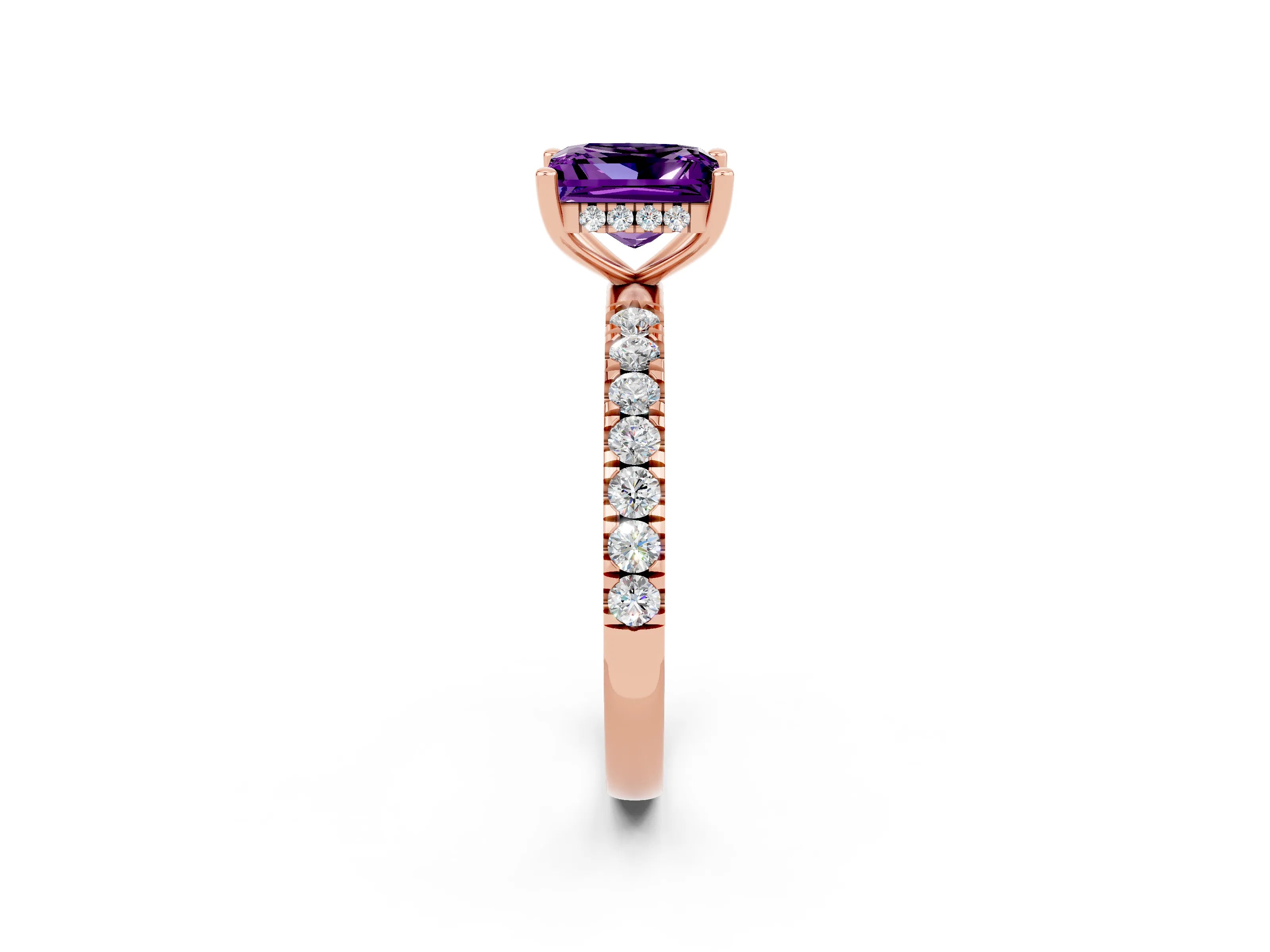 Rose gold Princess Cut Amethyst Pave Band Solitaire Ring with Four-Prong Setting_26