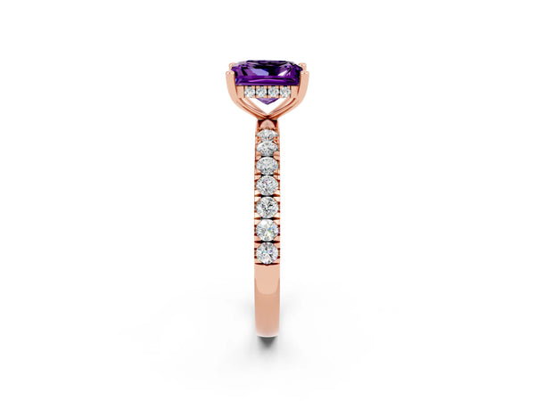 Rose gold Princess Cut Amethyst Pave Band Solitaire Ring with Round  and Prong Setting