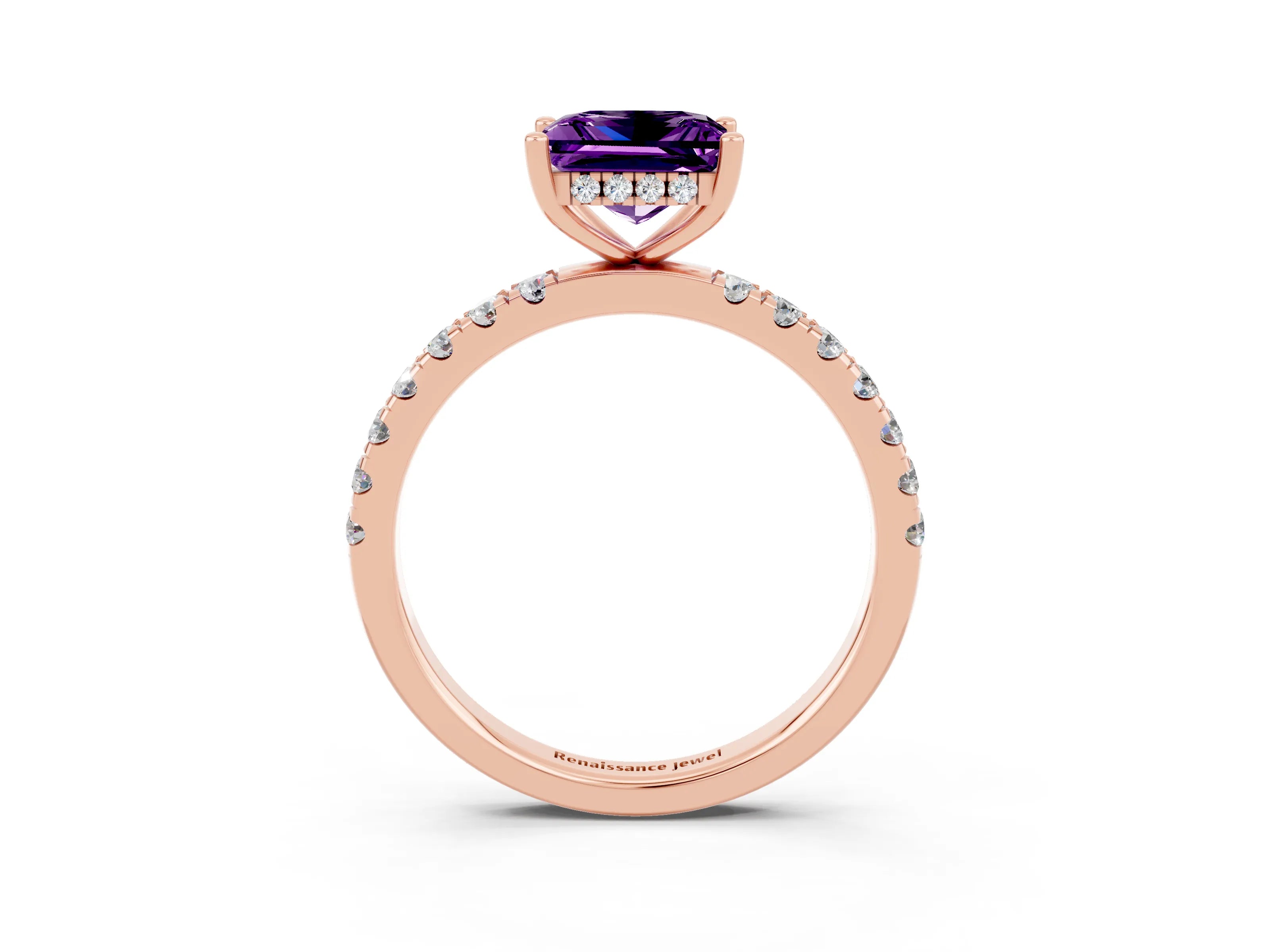 Rose gold Princess Cut Amethyst Pave Band Solitaire Ring with Four-Prong Setting_27