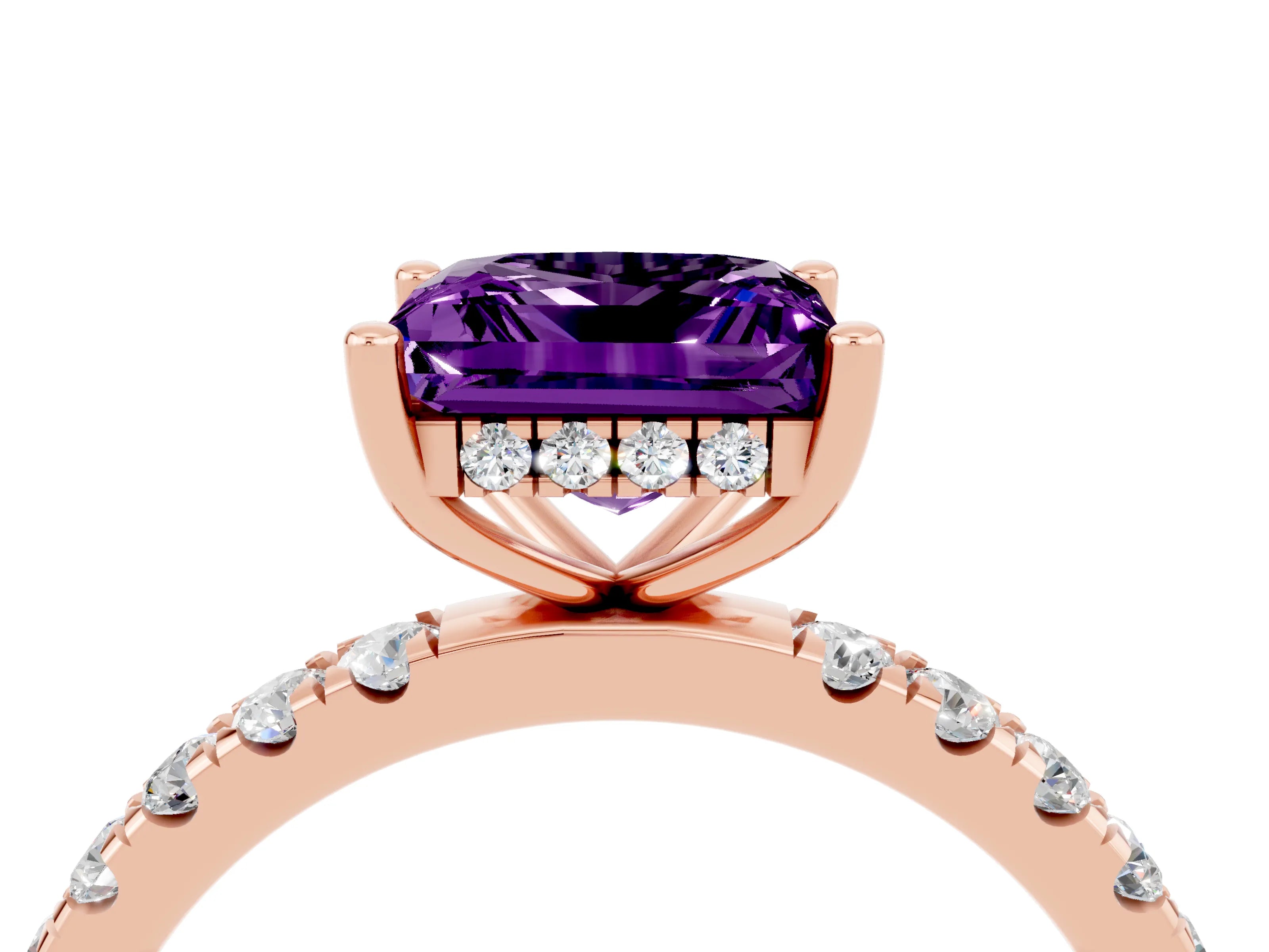 Rose gold Princess Cut Amethyst Pave Band Solitaire Ring with Four-Prong Setting_28