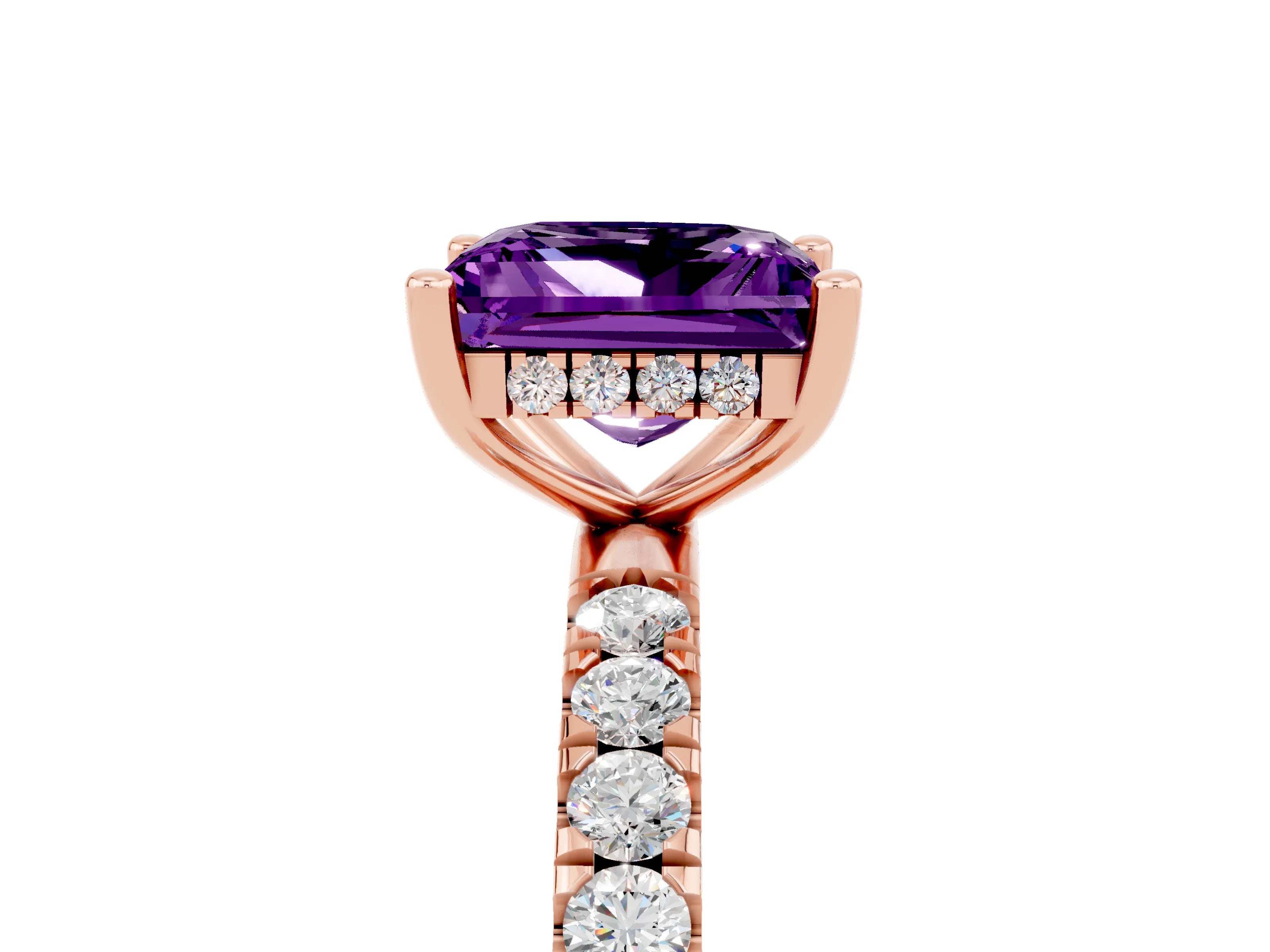 Rose gold Princess Cut Amethyst Pave Band Solitaire Ring with Four-Prong Setting_29