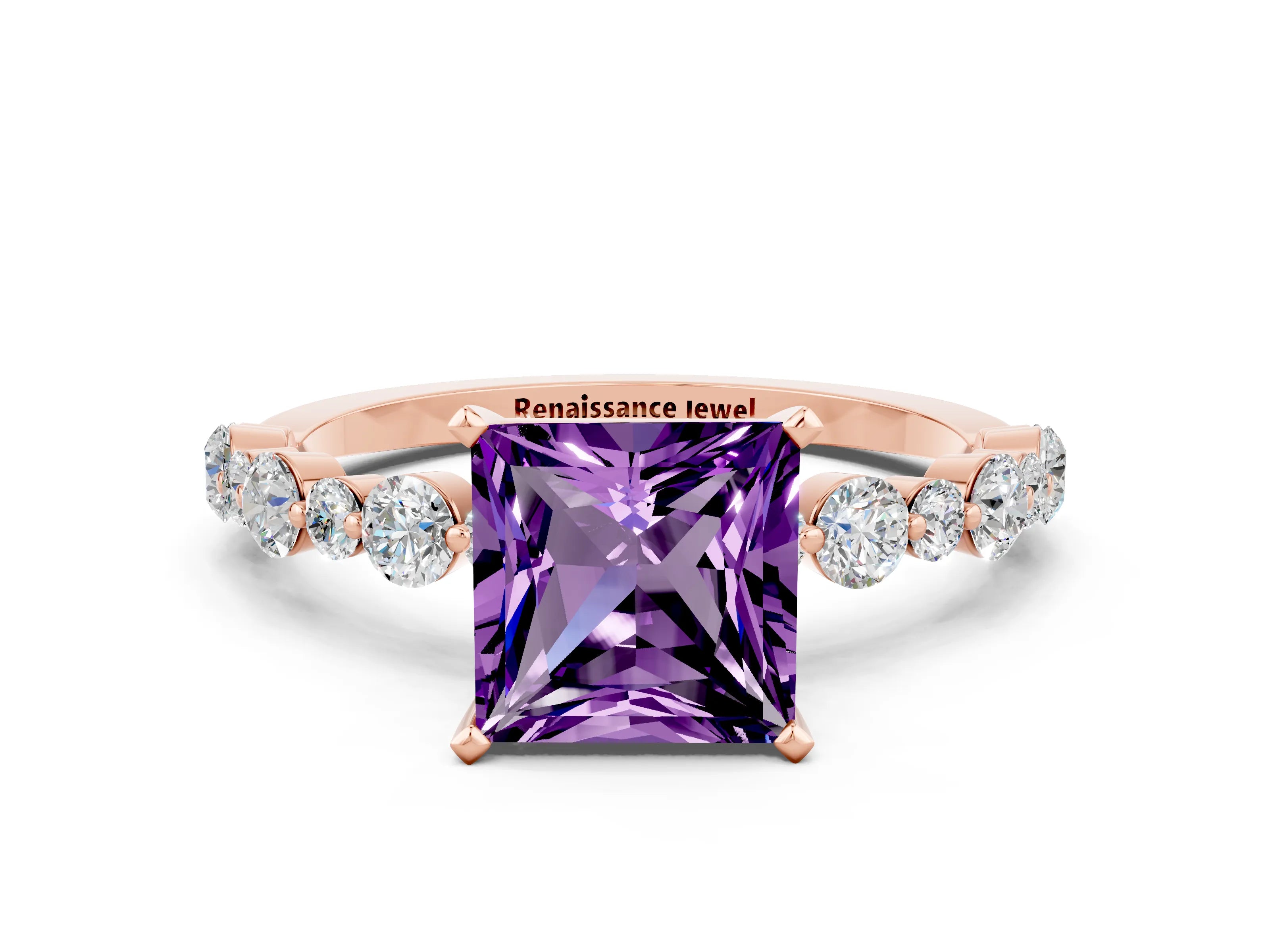 Rose gold Princess Cut Amethyst Prong Set Engagement Ring with Pavé Band