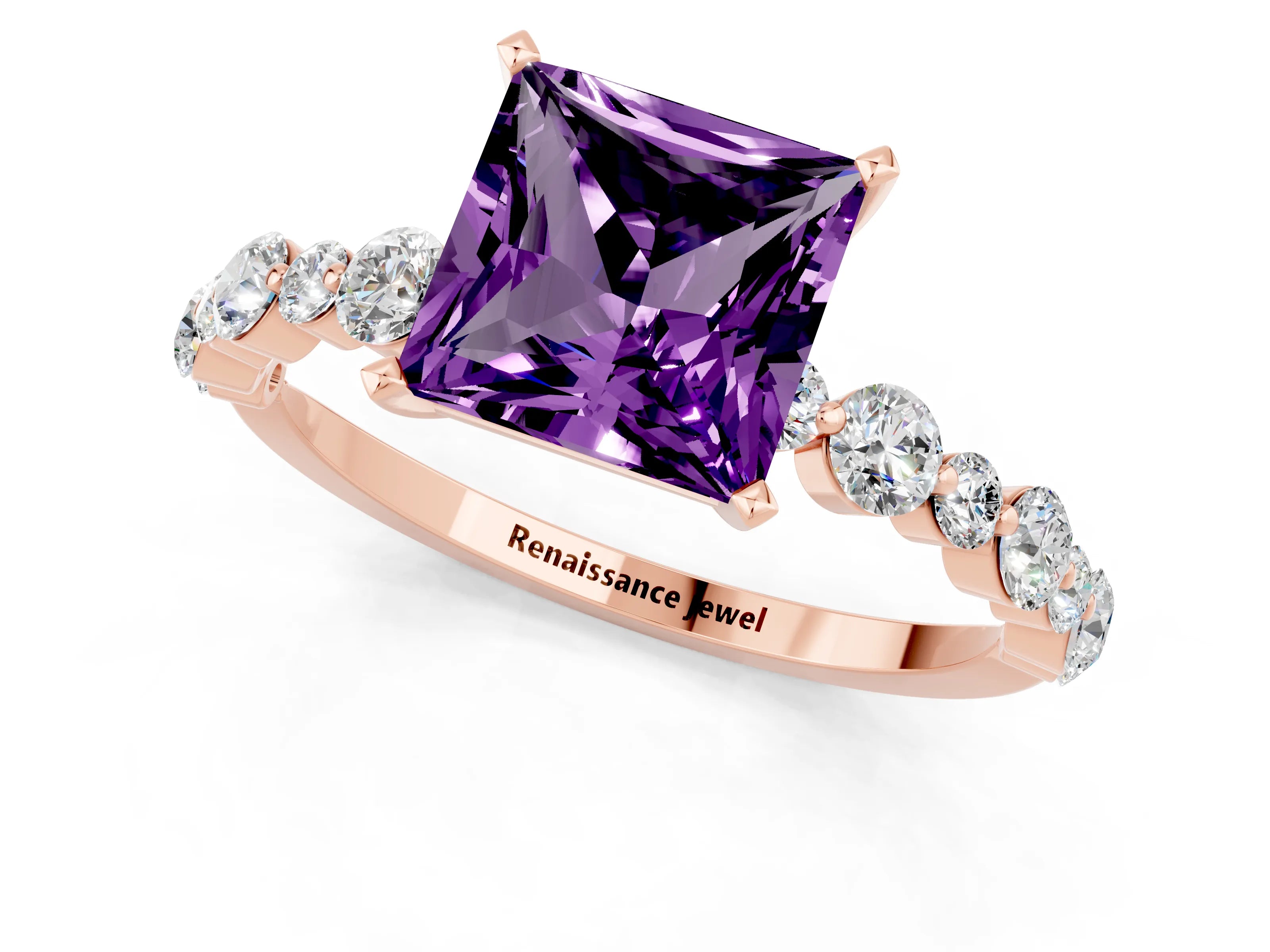 Rose gold Princess Cut Amethyst Prong Set Engagement Ring with Pavé Band_1