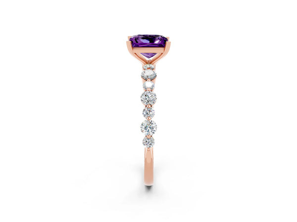 Rose gold Princess Cut Amethyst Prong Set Engagement Ring with Pavé Band