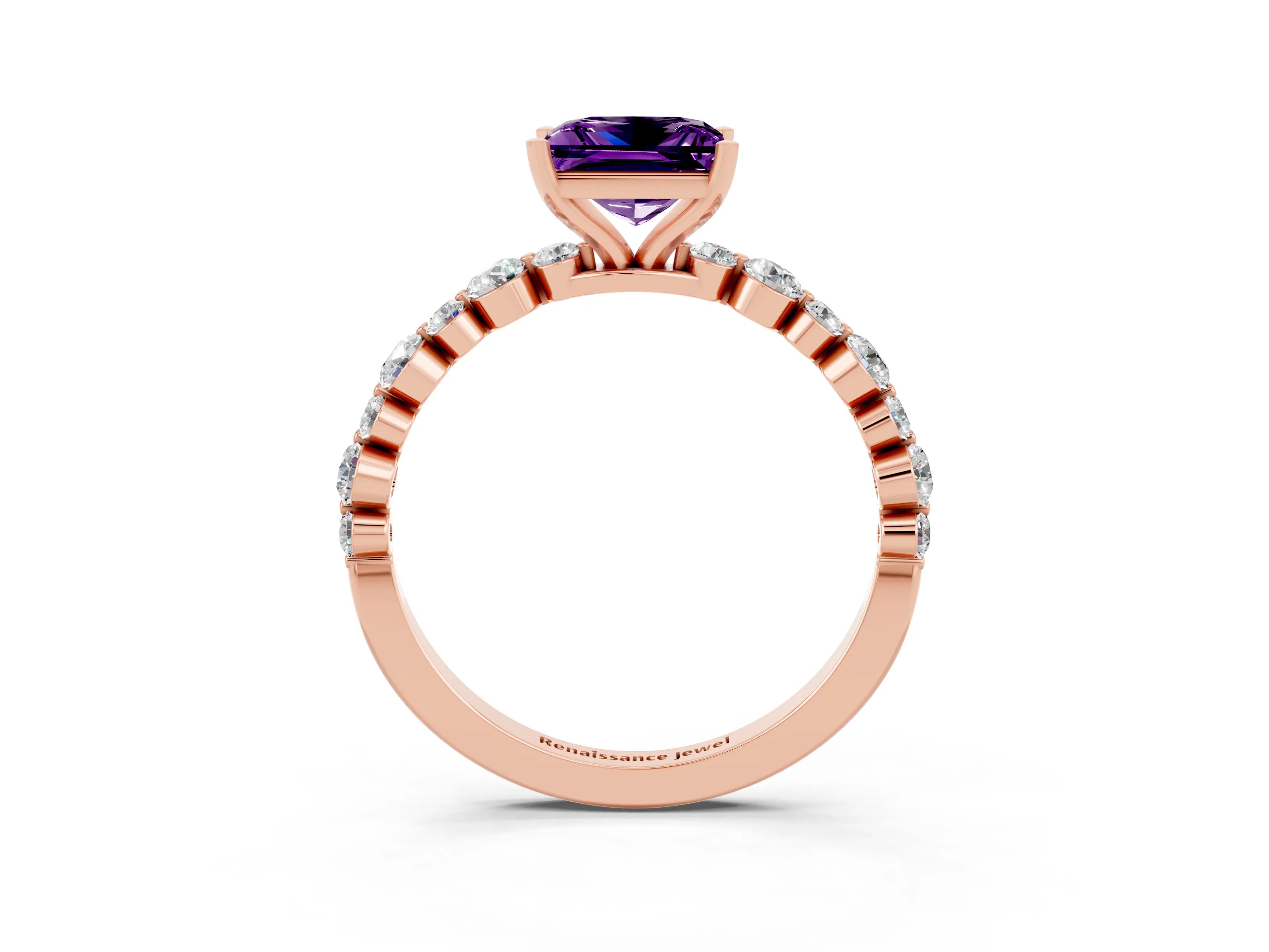 Rose gold Princess Cut Amethyst Prong Set Engagement Ring with Pavé Band_3