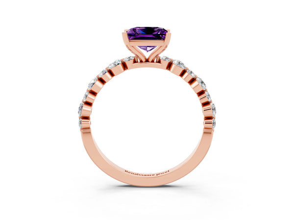 Rose gold Princess Cut Amethyst Prong Set Engagement Ring with Pavé Band
