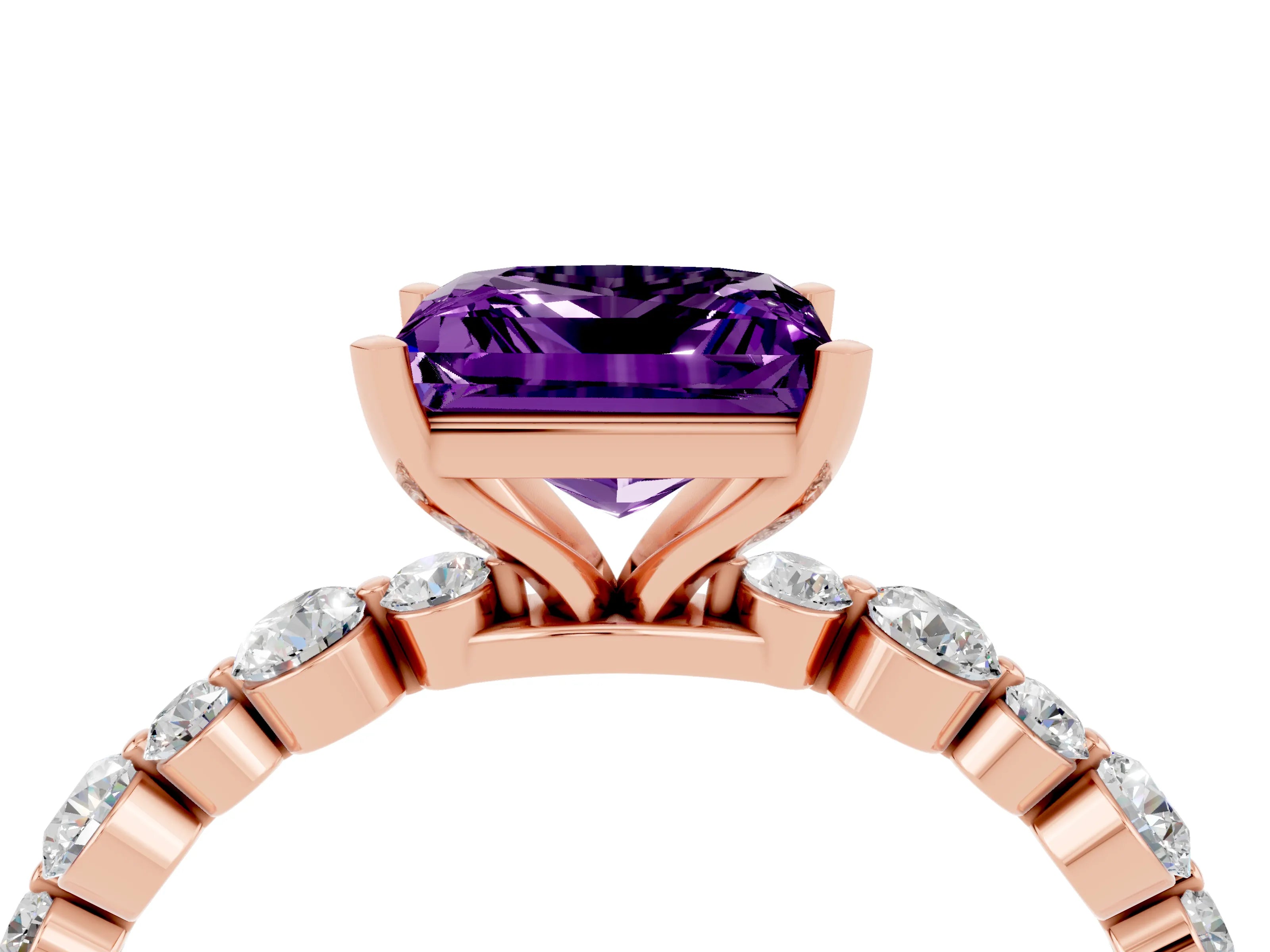 Rose gold Princess Cut Amethyst Prong Set Engagement Ring with Pavé Band_4