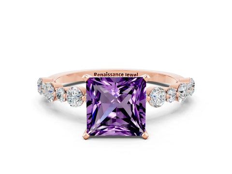 Rose gold Princess Cut Amethyst Prong Set Engagement Ring with Pavé Band