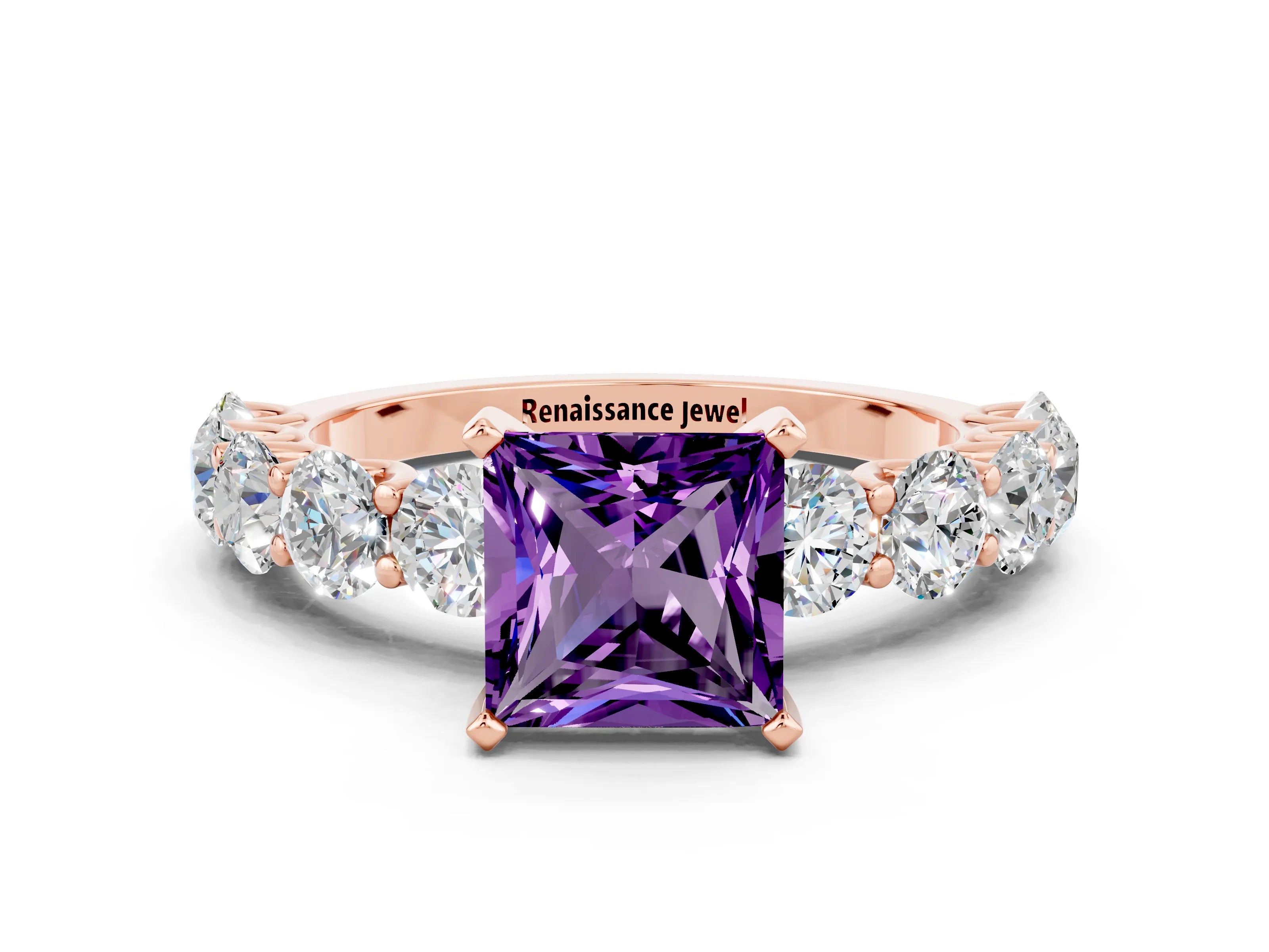 Rose gold Princess Cut Amethyst Prong Setting with Side Stones on a Pave Band