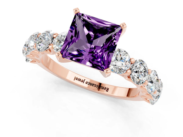 Rose gold Princess Cut Amethyst Prong Setting with Side Stones on a Pave Band