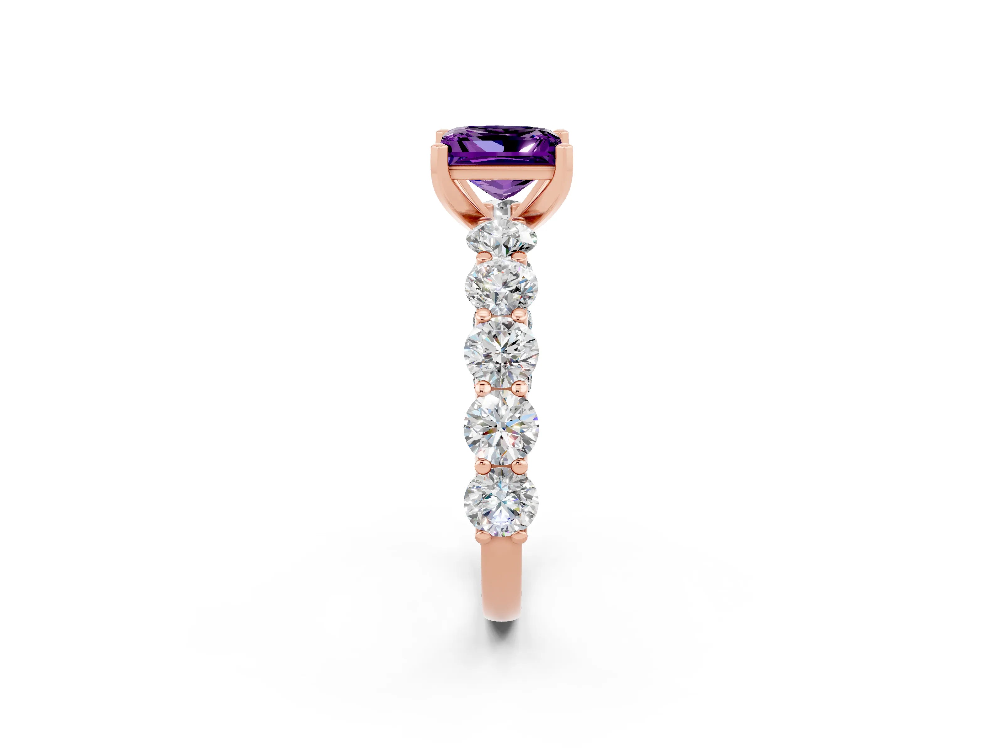 Rose gold Princess Cut Amethyst Prong Setting with Side Stones on a Pave Band_2