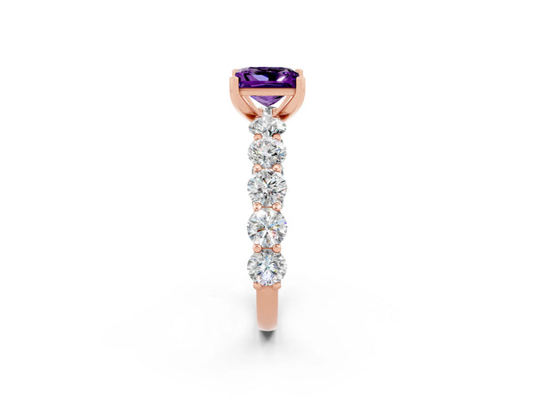 Rose gold Princess Cut Amethyst Prong Setting with Side Stones on a Pave Band
