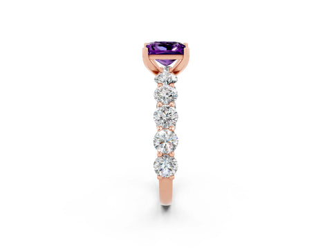 Rose gold Princess Cut Amethyst Prong Setting with Side Stones on a Pave Band_2