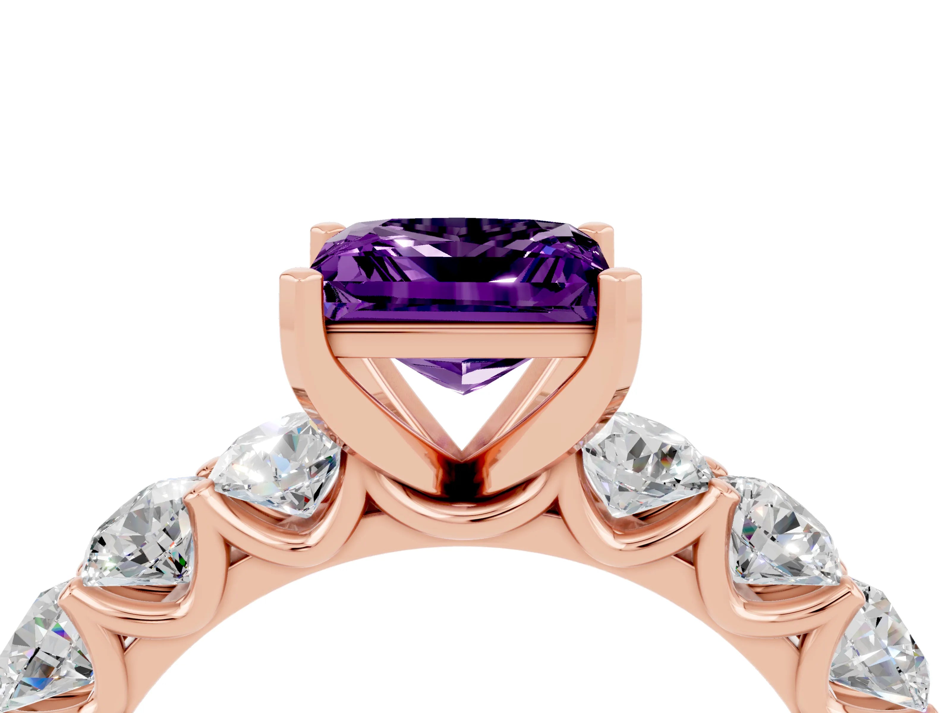 Rose gold Princess Cut Amethyst Prong Setting with Side Stones on a Pave Band_4