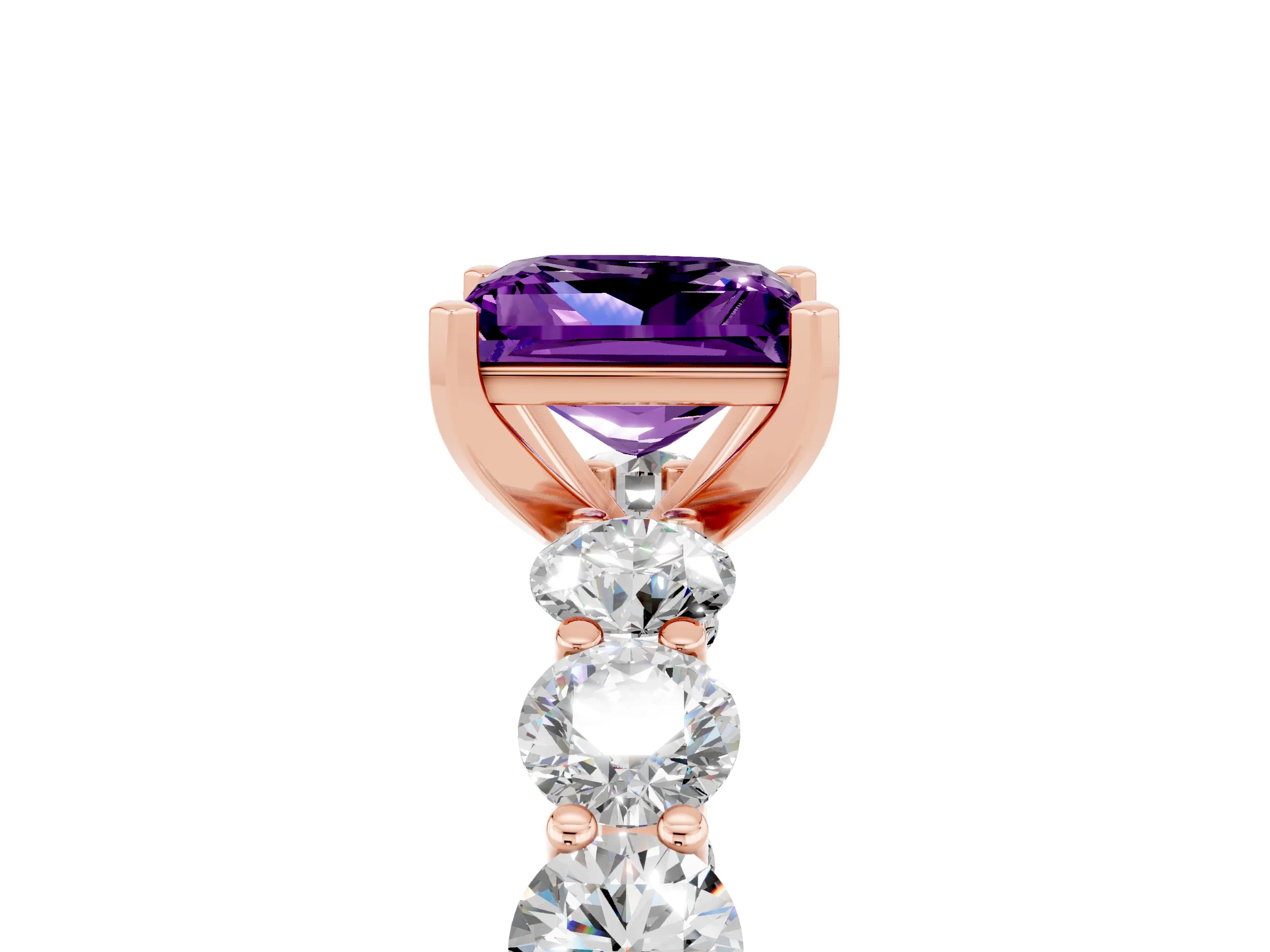 Rose gold Princess Cut Amethyst Prong Setting with Side Stones on a Pave Band_5